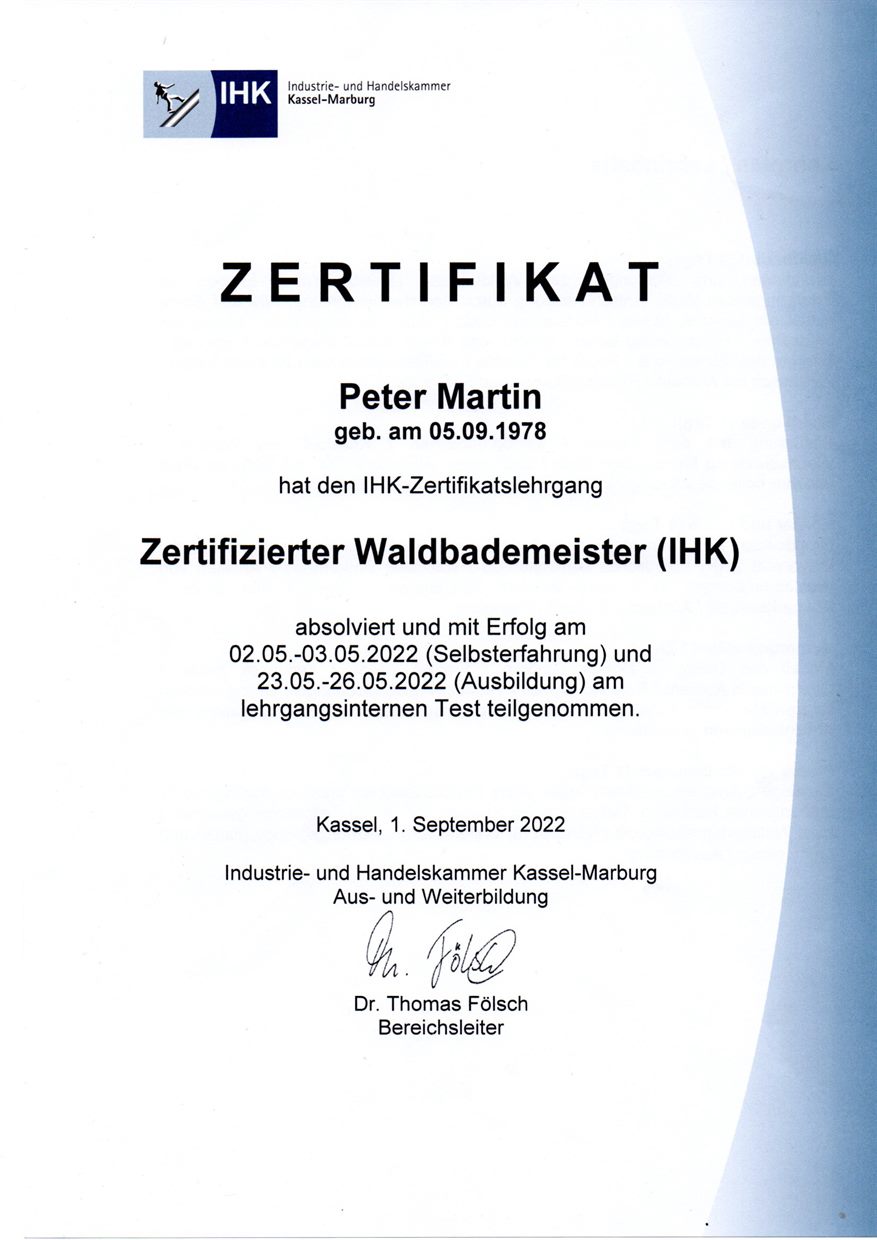 IHK-Zertifikat zur Ausbildung als Waldbademeister, 2022