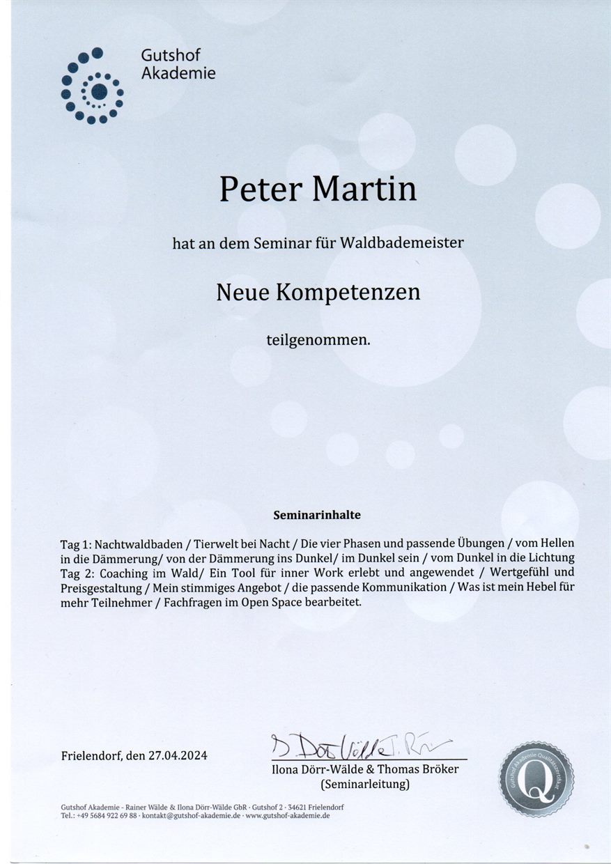 Zertifikat Weiterbildung Waldbaden bei Nacht, 2024